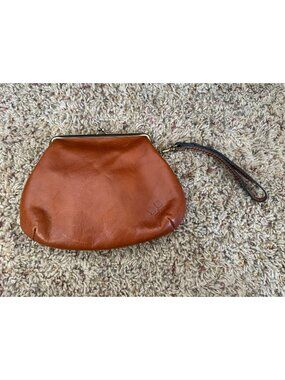 Patricia Nash Brown Leather Wristlet Kisslock Coin Bag Wrist Strap Small Clutch